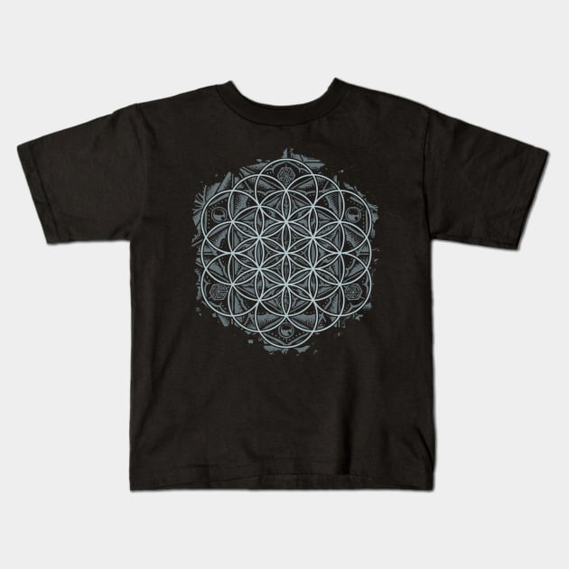 Sacred Geometry Flower of Life Mandala Monochrome Kids T-Shirt by Roberto Jaras Lira